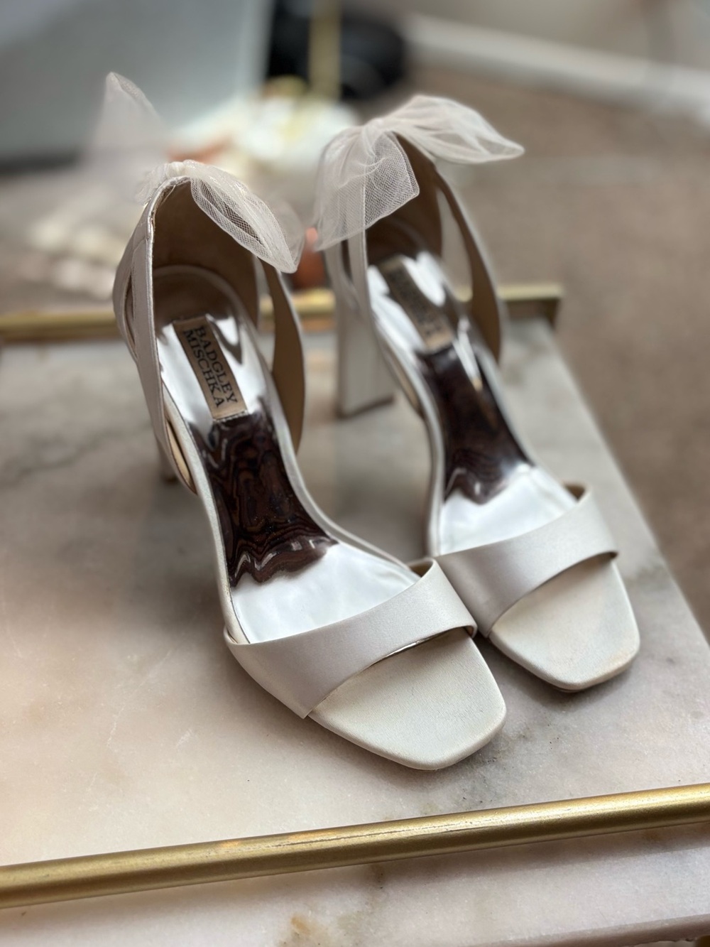 Badgley Mischka Cream Satin Block Heel Sandals with Tulle Ankle Tie
